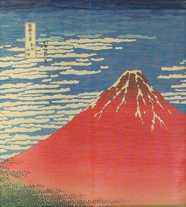 【和風のれん】金糸ラメ入り　赤富士　90cm