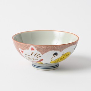 波佐見焼　招福ネコ　茶碗　赤　手描き　日本製