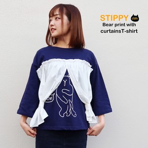 【STIPPY】恥ずかしクマプリント カーテン風布帛生地付き 七分袖ゆるTシャツ