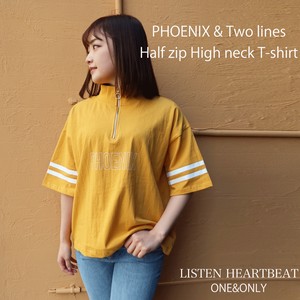 【春夏】【SS】《OE天竺》PHOENIX & 袖2本ラインプリント ハーフジップ ハイネックTシャツ