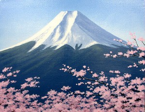 【日本人作家】　油絵　『富士に桜』　朝隈敏彦　額無し　キャンバスのみ（木枠付き）