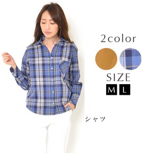 Button Shirt/Blouse Plain Color Long Sleeves Check Tops Casual L Ladies'