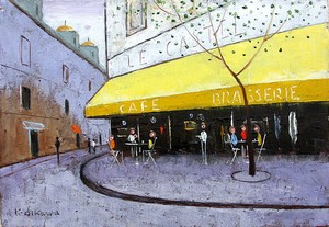 【日本人作家】　油絵　『パリの街角のカフェ』　石川佳図　額無し　キャンバスのみ（木枠付き）
