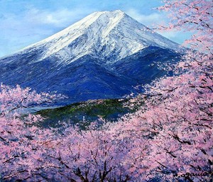 【日本人作家】　油絵　『富士に桜』　小川久雄　額無し　キャンバスのみ（木枠付き）