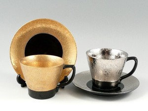金濃・プラチナ濃黒釉掛分　ペアコーヒーカップ＆ソーサー