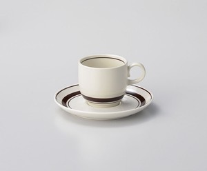茶ラインコーヒー碗・皿 【日本製    磁器】
