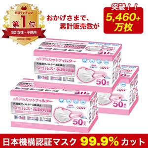 日本機構認証 99.8%CUT ウイルス飛沫 花粉 女性・子供用 3層 50枚入 サージカル マスク MASK