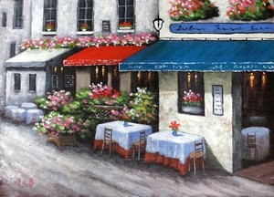 【日本人作家】　油絵　『オープンカフェ』　新屋敷一平　額無し　キャンバスのみ（木枠付き）