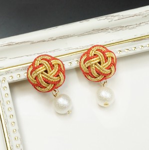 Pierced Earringss Pearl Red Mizuhiki Knot 22-Karat Gold