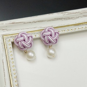 Pierced Earringss Pearl White Mizuhiki Knot