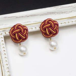 Pierced Earringss Pearl Mizuhiki Knot