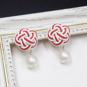 Pierced Earringss Pearl Red Mizuhiki Knot