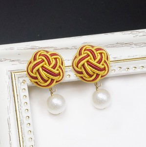 Pierced Earringss Pearl Mizuhiki Knot 35-Karat Gold