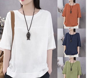 Button Shirt/Blouse Plain Color Cotton Linen Ladies' Short-Sleeve