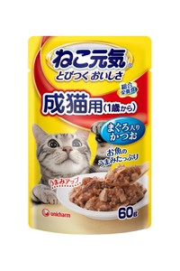 [ユニ・チャーム] ねこ元気 総合栄養食 パウチ成猫用(1歳から）まぐろ入りかつお 60g