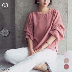 Button Shirt/Blouse Pullover Tops Puff Sleeve Short-Sleeve Cut-and-sew