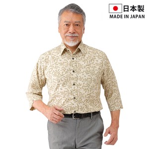 メンズ/日本製/高島ちぢみリーフ柄7分袖シャツ