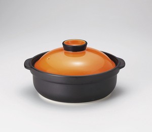 宴オレンジ/黒10号鍋  【日本製    陶器】