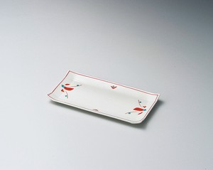 赤絵花長角皿  【日本製    陶器】