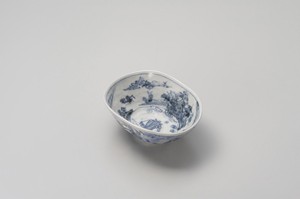青締古染山水楕円鉢  【日本製    陶器】
