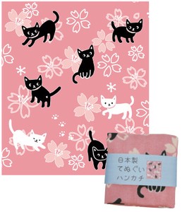 ポップな黒猫の表ガーゼ裏パイルのハンドタオル のあねこ てぬぐいはんかち 桜猫