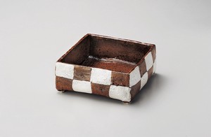 アメ釉銀彩手造り四角鉢  【日本製    陶器】