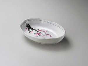 罫書紅梅楕円盛鉢  【日本製    陶器】
