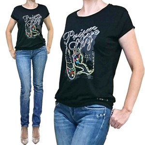LAインポート ストーンスパンビーズ装飾 プリント Tシャツ ブラック LA6VO200717082