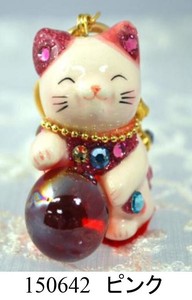 【招き猫】【陶器】風水招き猫キーホルダー ピンク 150642