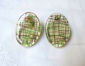 Pierced Earrings Gold Post Resin Purple Check Green