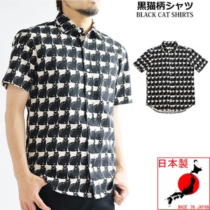【日本製】黒ネコ柄半袖シャツ