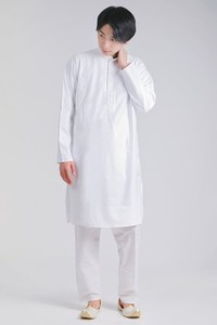 シンプルホワイト クルタ・パジャマ上下セット　インドの男性民族衣装