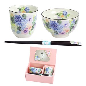 20 S/S Mino Ware Gift Timbre Rice Bowl Japanese Tea Cup Blue Chopstick