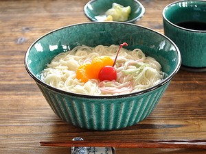 土物トルコブルー大鉢（しのぎ）【麺鉢 日本製 美濃焼 和食器】