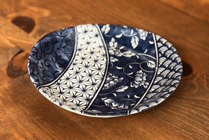 染付　牡丹祥瑞楕円5.0皿　16cm【日本製　楕円皿　焼物皿　和食器　陶器　織部】ヤマ吾陶器