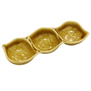 長皿 魚焼物皿 楕円皿 サンマ 和陶器 和モダン /黄瀬戸木の葉三品皿