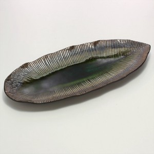 長皿 魚焼物皿 楕円皿 サンマ 和陶器 和モダン /アジアン葉型長皿(いぶし銀彩)