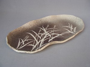 長皿 魚焼物皿 楕円皿 サンマ 和陶器 和モダン /紫吹ズミススキ紋楕円皿