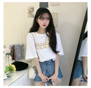 韓国風 カジュアル ビックシルエット くまさん Tシャツ レディース ルーズ ベア ロゴ 2022秋冬新作