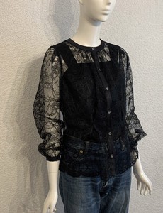 Button Shirt/Blouse Crew Neck Lace Blouse Made in Japan