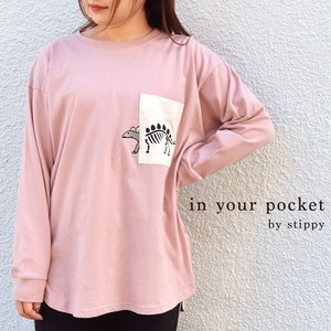【in your pocket by stippy】【色限定】レントゲン恐竜 配色ポケット 前後差ロングTシャツ