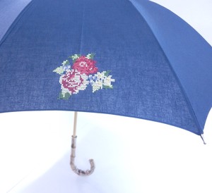 【日本製】綿麻　クロス刺繍　花柄　長傘　晴雨兼用傘