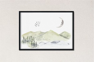 アートポスター【山と鳥と三日月】B3　A2　B2　A1　B1　北欧　風景　水彩　シンプル