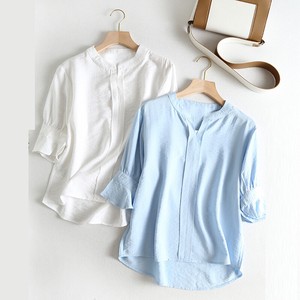 Button Shirt/Blouse Plain Color V-Neck Tops