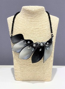 Flower Motif Necklace Black Silver Crystal Glass