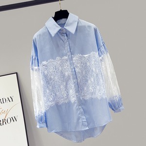 EC0160 ストライプシャツ 刺繍 シアー 上品 ブルー 春 夏 エレガント カジュアル