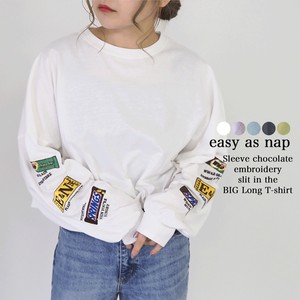 【easy as nap】袖チョコレート刺繍 スリット入 BIG ロングTシャツ
