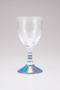 【日本製】九谷和グラス　ワイングラス小（斜）色絵十草文ブルー