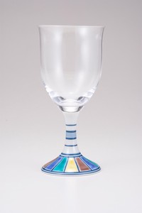 【日本製】九谷和グラス　ワイングラス大（無地）色絵十草文ブルー