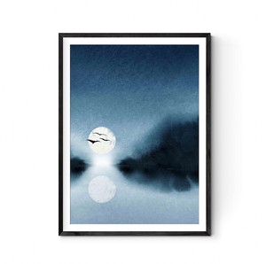 アートポスター【ムーンライト】B3　A2　B2　A1　B1　北欧　水彩　ネイビー　月夜　風景